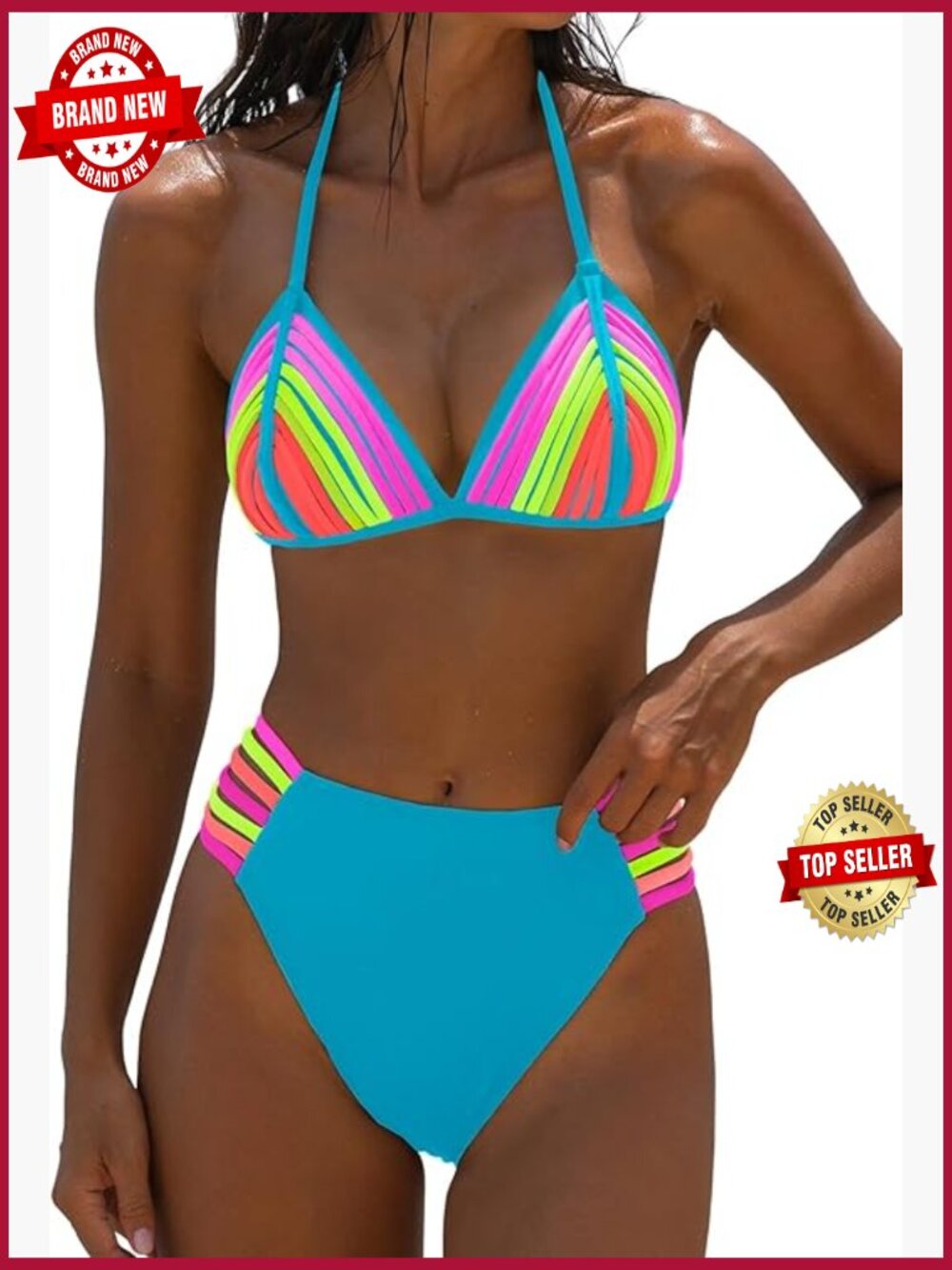 Rainbow Halter Bikini Set High Waisted Triangle Top Swimwear